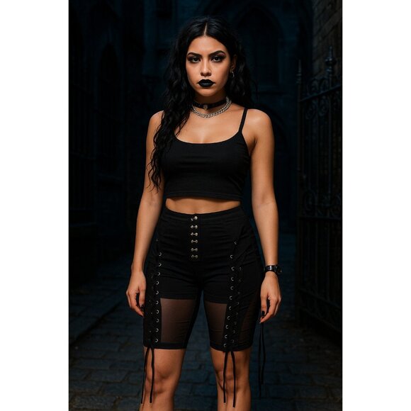 Y2K MyBoo Women’s Black Gothic Lace-Up Eyelet Corset Hook Capri Pants Size S - Picture 1 of 8